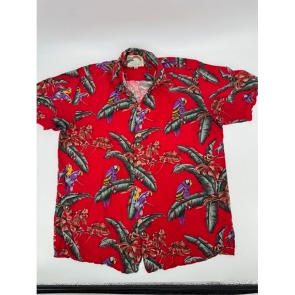 Paradise Found Magnum, PI Hawaiian Shirt Mens M Red Parrot Tropical Palm Rayon